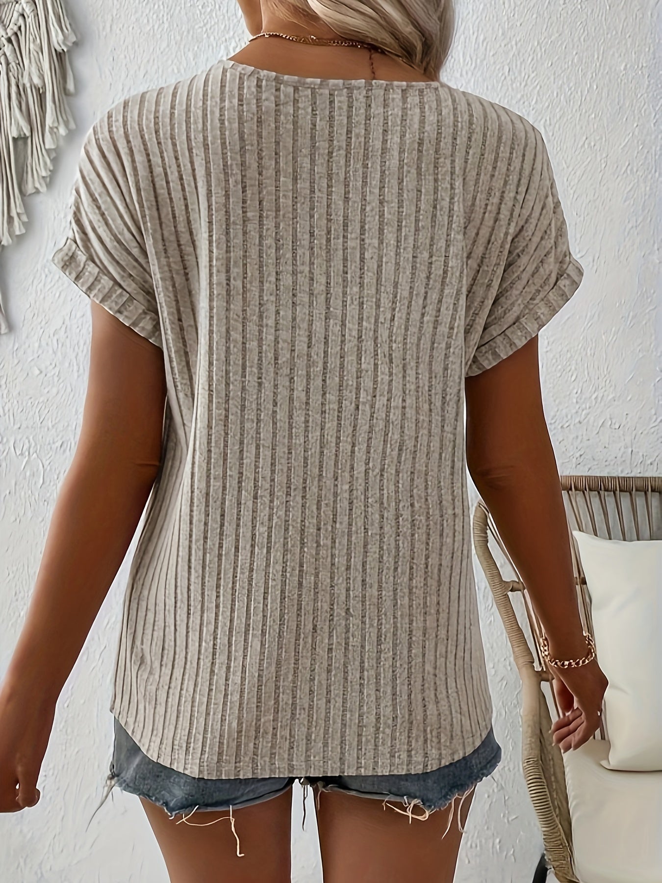 Ribbed Knit Notch Neck T-Shirt, Casual Short Sleeve T-Shirt For Spring & Summer, Women's Clothing