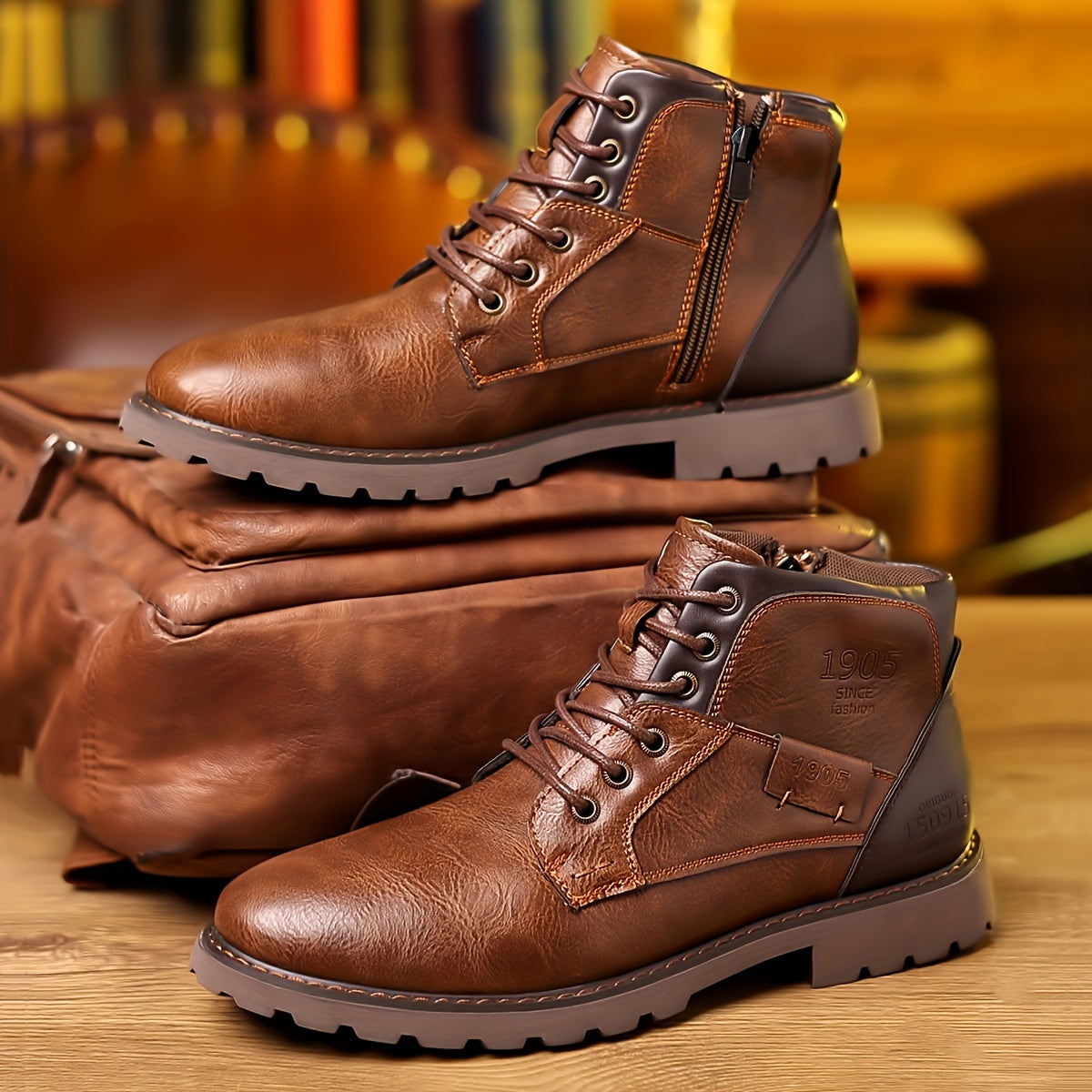 Men's Vintage-Inspired Casual Boots - Lace-Up, Non-Slip Rubber Sole, All-Season Wear