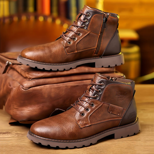 Men's Vintage-Inspired Casual Boots - Lace-Up, Non-Slip Rubber Sole, All-Season Wear