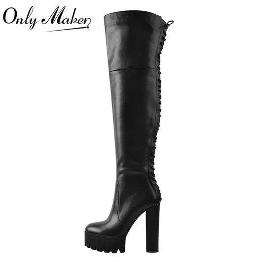 Onlymaker Plattform Über Das Knie Stiefel Frauen Schwarz Matte Chunky High Heel Side Zipper Plus Größe Party Kleid Winter Stiefel schuhe