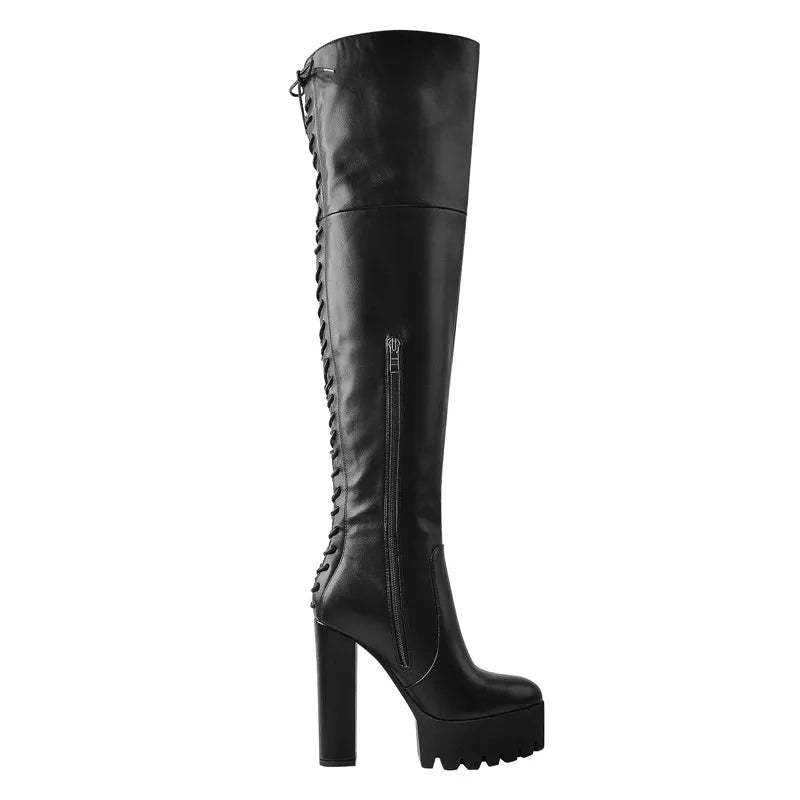 Onlymaker Plattform Über Das Knie Stiefel Frauen Schwarz Matte Chunky High Heel Side Zipper Plus Größe Party Kleid Winter Stiefel schuhe