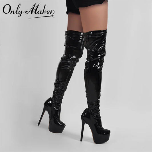 Only maker Frauen schwarz über dem Knie Stiefel Lack leder dünne High Heel Reiß verschluss weibliche Winter sexy Lady Stiefel