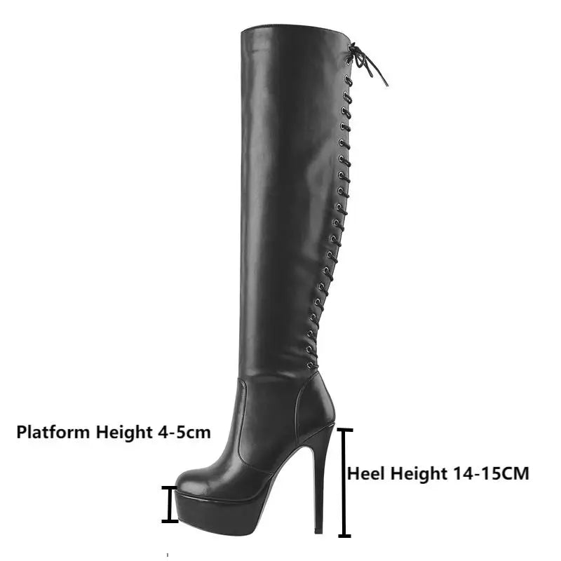 Onlymaker Spitze Up Stiefel Plattform Dünne High Heel Knie Hohe Schuhe Matte Schwarz Seite Zipper Lange Stiefel Große Größe