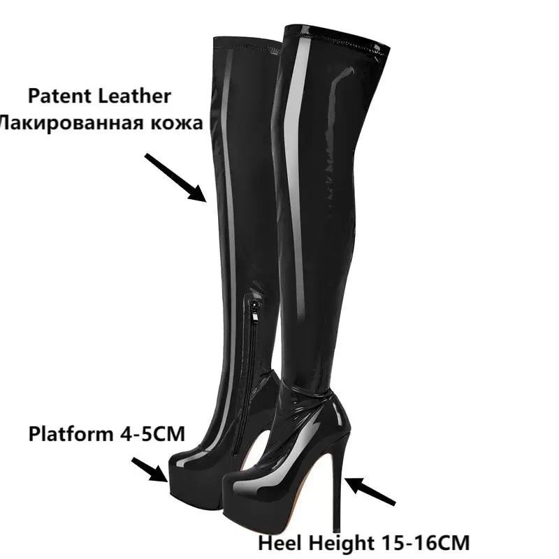 Only maker Frauen schwarz über dem Knie Stiefel Lack leder dünne High Heel Reiß verschluss weibliche Winter sexy Lady Stiefel