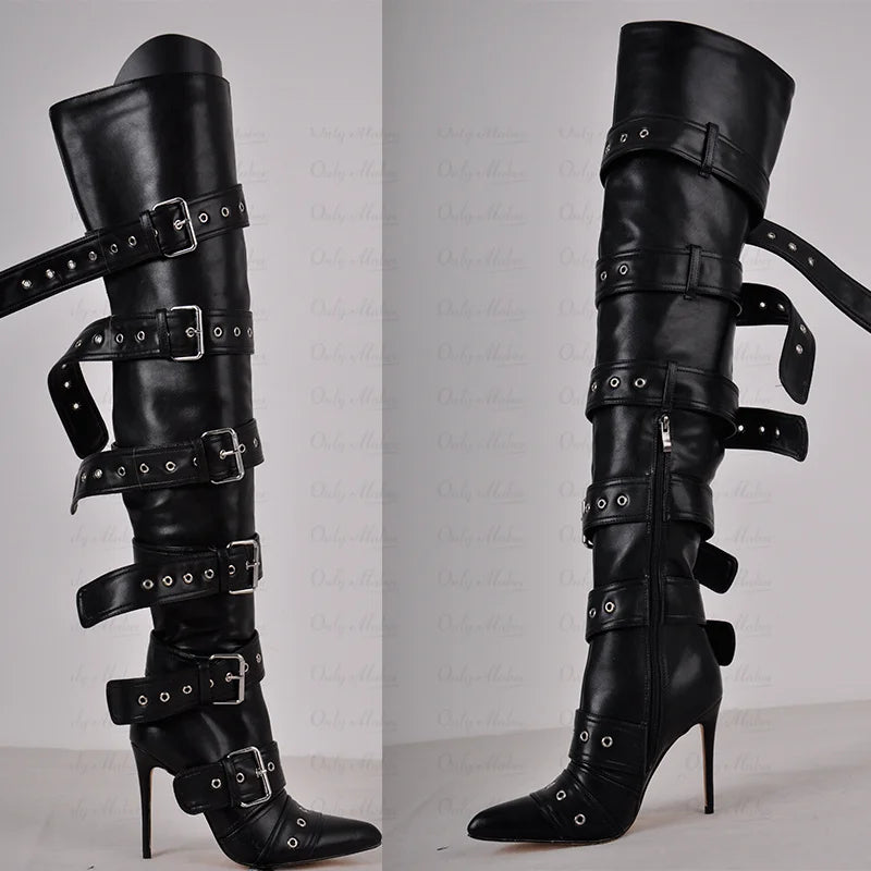 Only maker Frauen Schnalle Riemen über dem Knie Stiefel dünne High Heel Lady Reiß verschluss weibliche Oberschenkel hohe spitze Zehen Stiletto Stiefel