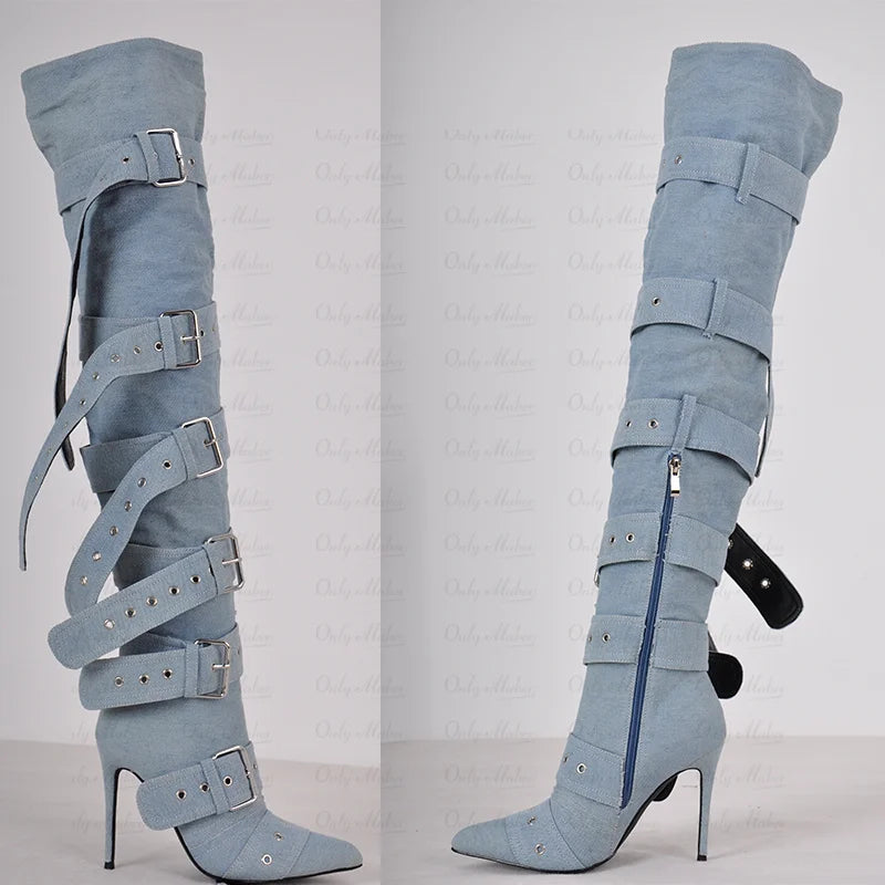 Only maker Frauen Schnalle Riemen über dem Knie Stiefel dünne High Heel Lady Reiß verschluss weibliche Oberschenkel hohe spitze Zehen Stiletto Stiefel