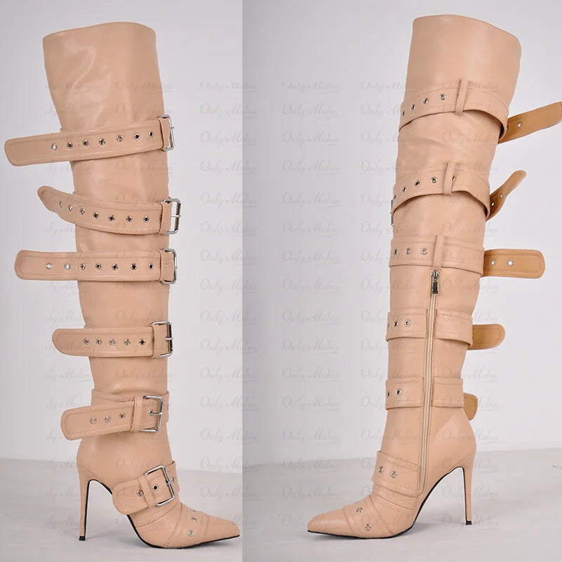 Only maker Frauen Schnalle Riemen über dem Knie Stiefel dünne High Heel Lady Reiß verschluss weibliche Oberschenkel hohe spitze Zehen Stiletto Stiefel