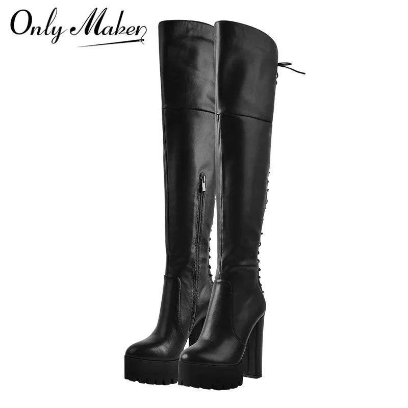 Onlymaker Plattform Über Das Knie Stiefel Frauen Schwarz Matte Chunky High Heel Side Zipper Plus Größe Party Kleid Winter Stiefel schuhe