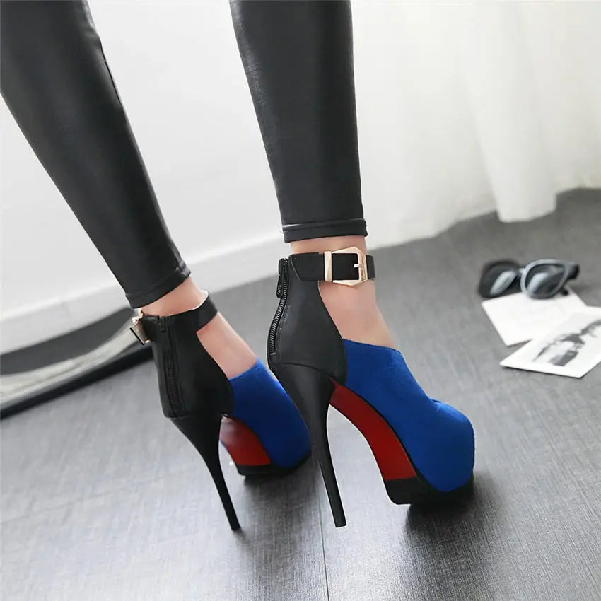 Sommer Frauen Plattform Pumpen Hohe Dünne Ferse Peep Toe Sandalen Blau Herde Patchwork Party Büro Damen Zipper Ankle Strap Stiletto