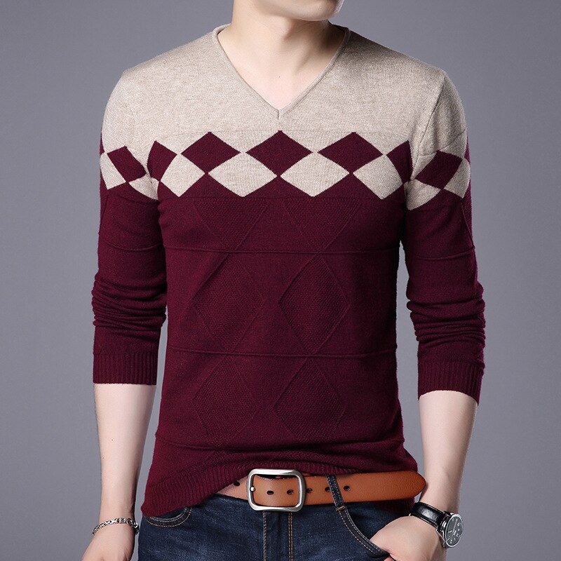 New Men Pullover Fashion V Neck Spring Autumn Slim Fit  Knit Patchwork Striped Male Sweater Casual Jumpers Outwear Full Sweater