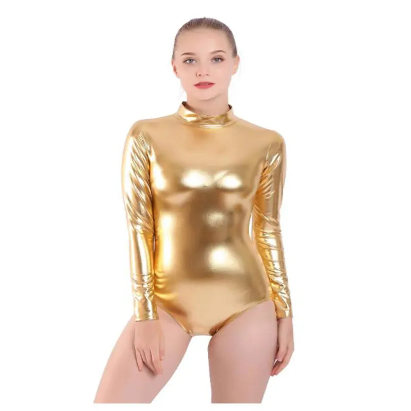 Speerise Adults Women Girls Turtleneck Zipper Back Shiny Metallic Leotard Spandex Long Sleeve One Piece Dancewear Costumes