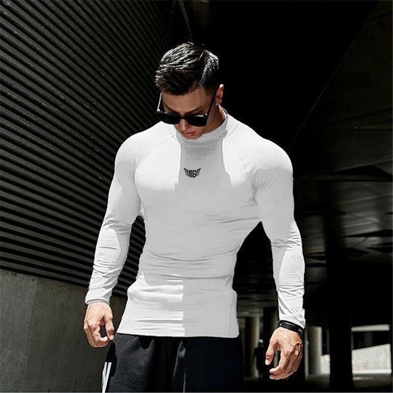 Mens Compression Shirt Running Long Sleeve T-shirt Hight Collar Sportswear Quick Dry Elasticity Tight Bodybuilding Gym Clothing