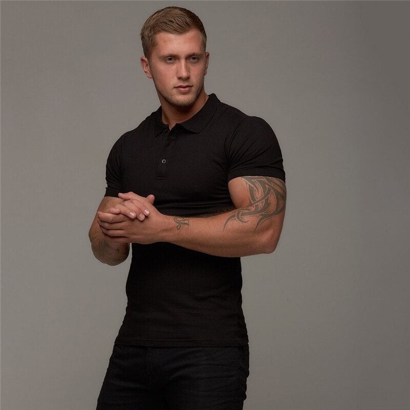 New Summer Fashion Mens Solid Short Sleeve Polo Shirts Cotton Slim Fit Turn Collar Male Gym Bodybuilding Fitness Polo Shirt