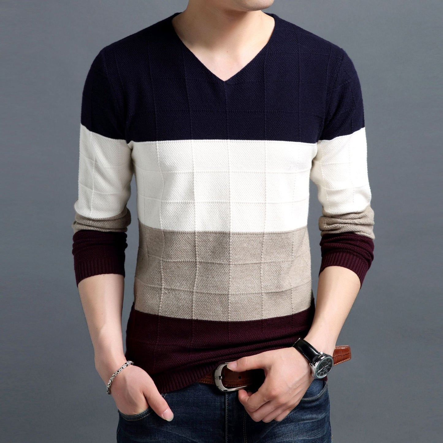 New Men Pullover Fashion V Neck Spring Autumn Slim Fit  Knit Patchwork Striped Male Sweater Casual Jumpers Outwear Full Sweater