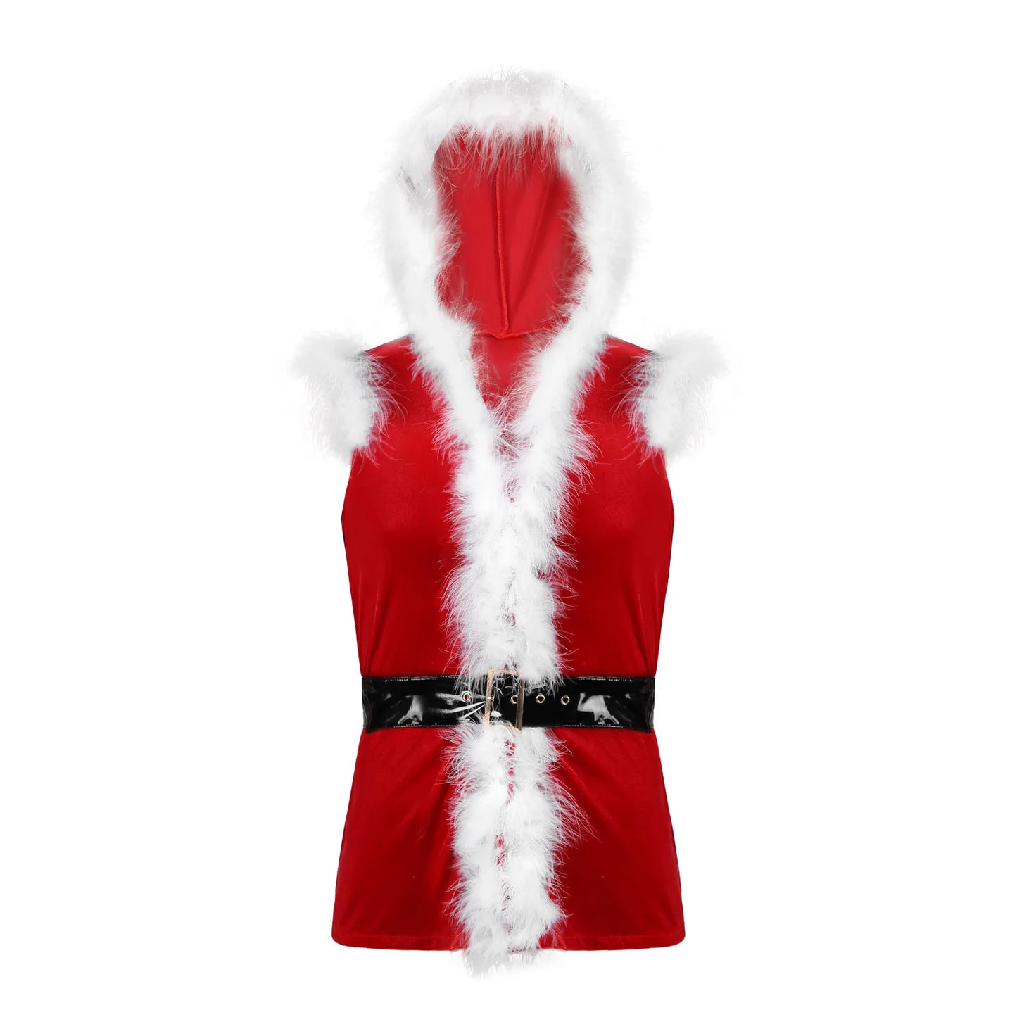 Mens Christmas Santa Claus Costum Red Green Velvet Hooded Vests Jacket Sleeveless Faux Fur Trimming Vest with Leather Belt