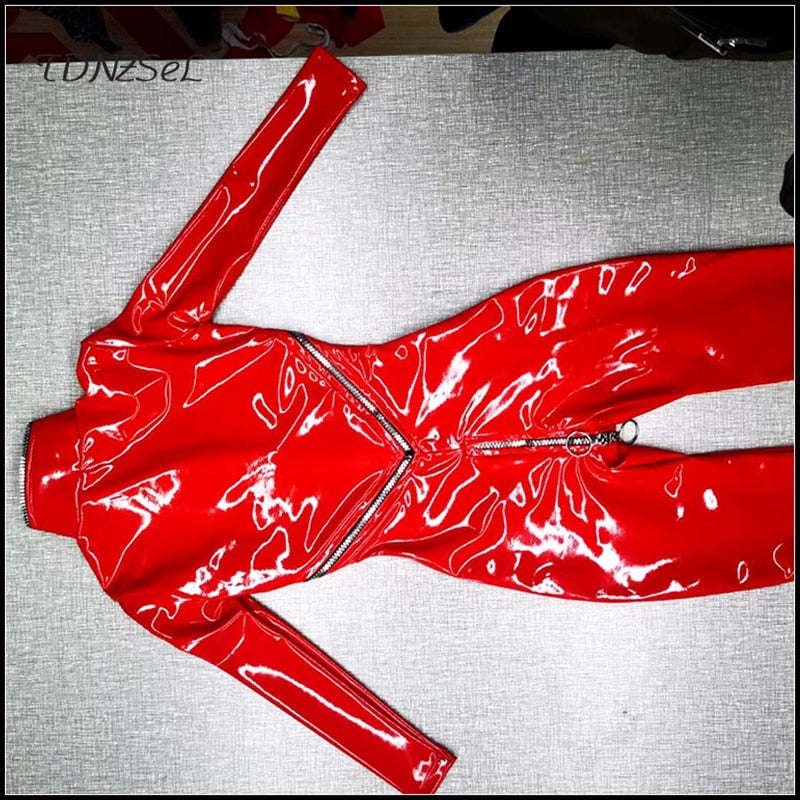 Women Exotic Fox Jumpsuits Cosplay Costumes Lady Comic Style PVC Patent Leather Full Zip Open Crotch Halloween Clothing Custom