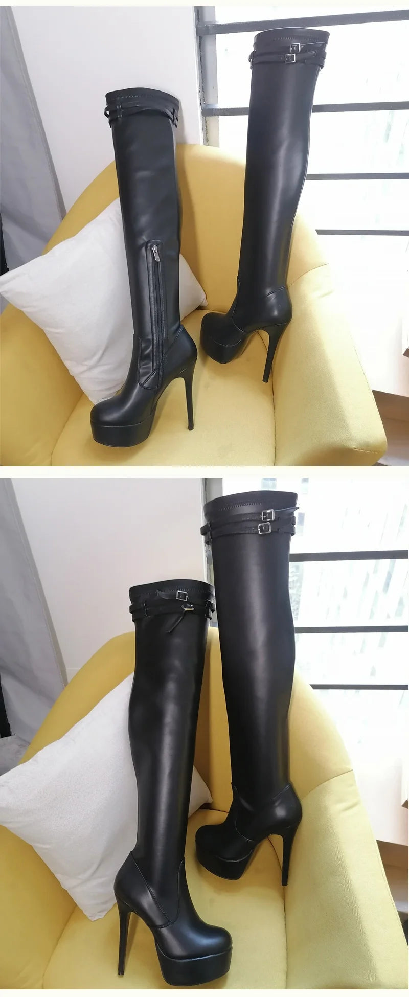 Only maker Frauen Plattform sexy über dem Knie Stiefel Dame High Heels Schnalle mattschwarz matt Winter weibliche Stiefel