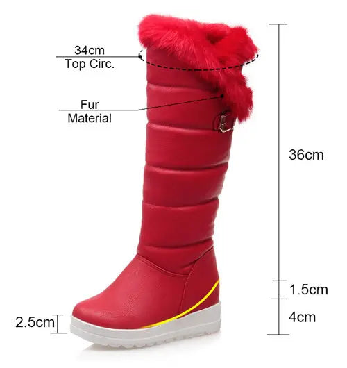 Rot Winter Frauen Warme Pelz Kniehohe Schnee Stiefel Rot Schwarz Dicken Plüsch Runde Kappe Schnalle Dame Höhe Zunehmende plattform Lange Stiefel