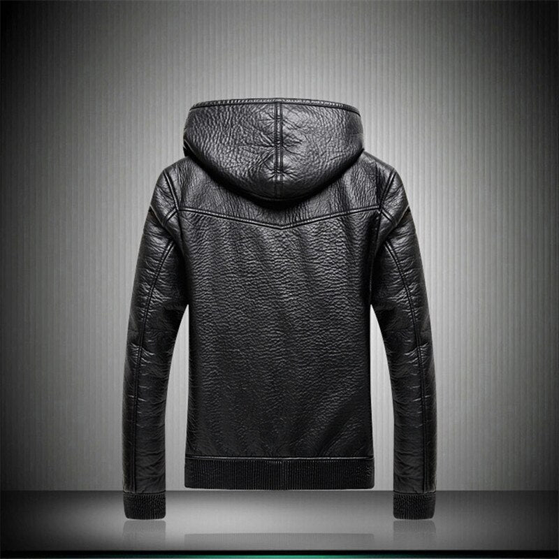 Mens Hooded Leather Jackets Men Business Casual Plus Thick Warm Windproof Fleece PU Leather Coats Motorcycle Suede Jacket 5XL