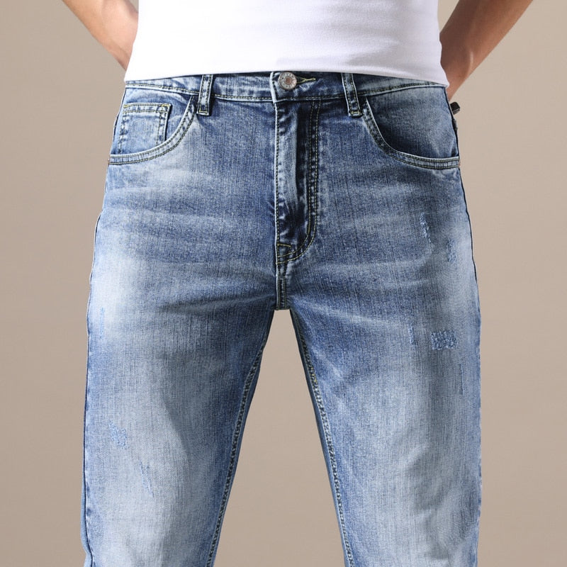 Jeywood Brand Clothing Jeans Men High Quality Stretch Light Blue Denim Fashion Pleated Retro Pocket Skinny Trousers Pants 28-40