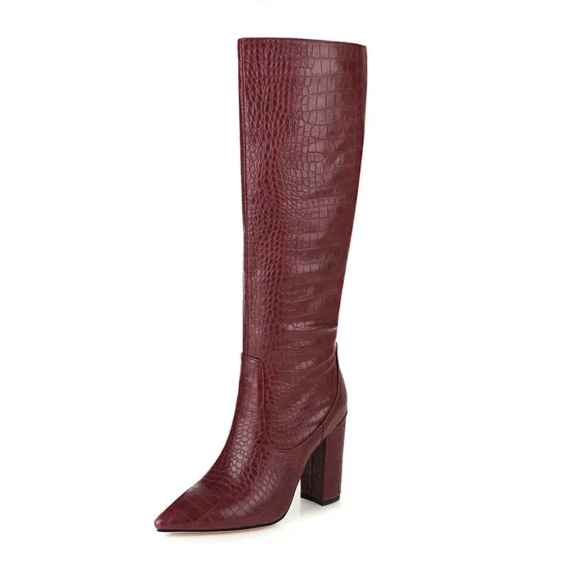 Schwarz Gelb Weiß Wein Rot Frauen Kniehohe Stiefel Platz High Heel Spitz Frauen Stiefel PU Leder Winter Schuhe große Größe 43