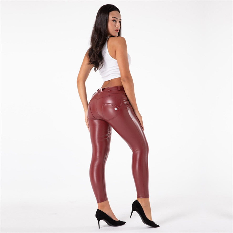 Shascullfites Red Faux Leather Pants Womens Elastic Sexy Booty Pants Women Push Up Jeggings