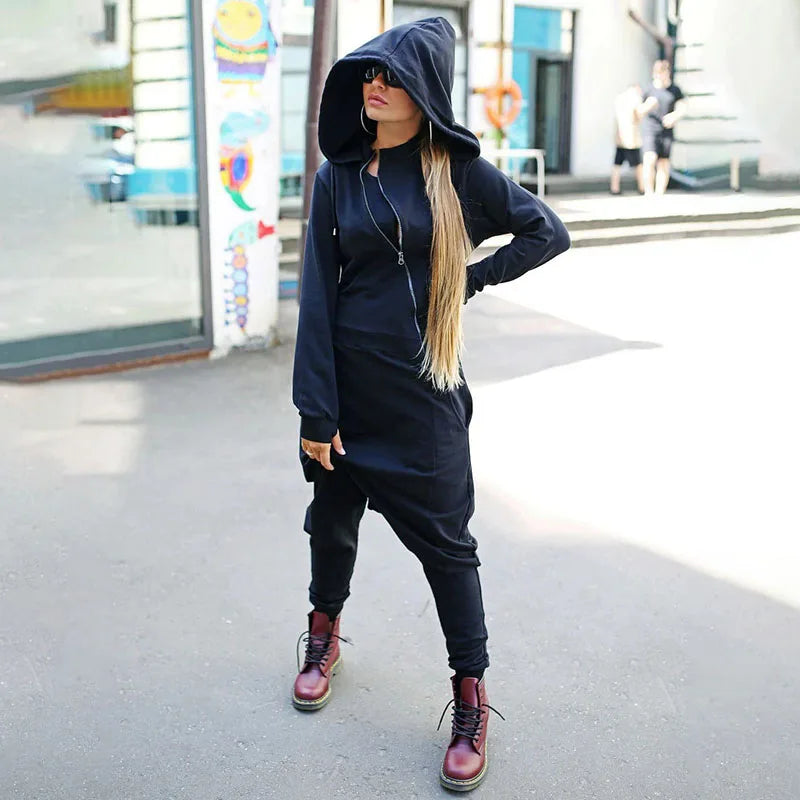 Oshoplive Female Hooded Solid Color Zipper Sports Jumpsuits 2023 New Spring Autumn Long Sleeve Loose Casual Overalls Rompers