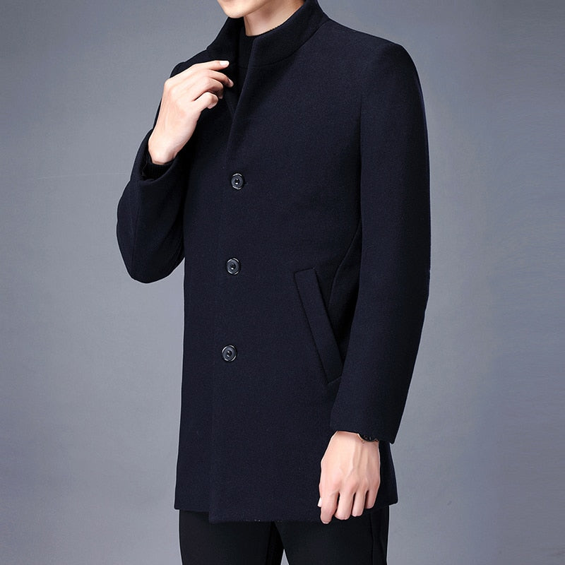 Winter Wool Coat Men Thick Coats Slim Fit Stand Collar Mens Fashion Wool Blend Outwear Jackets Smart Casual Trench Coat