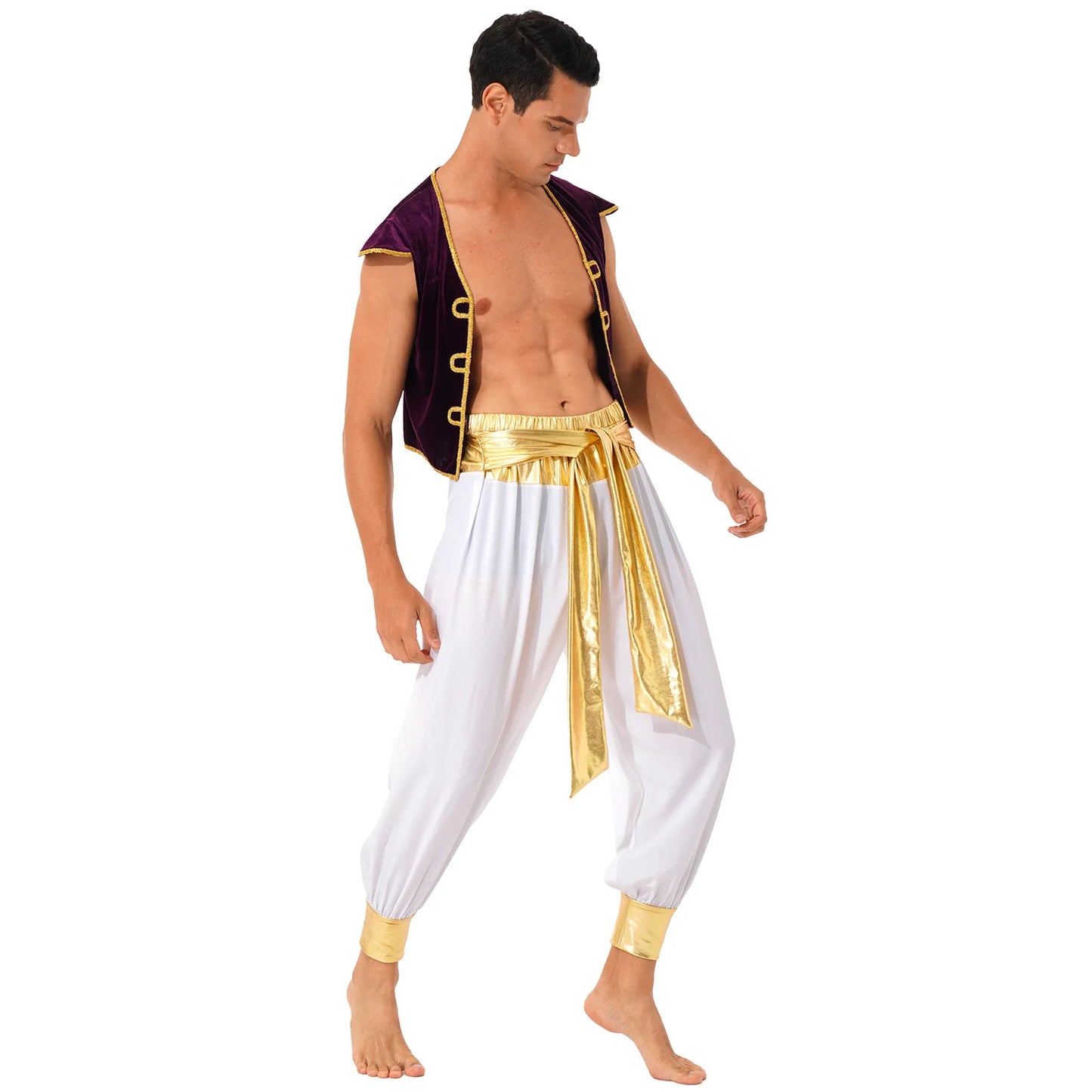 Men Arab Prince Costume Fairy Tale Suits Halloween Cosplay Fancy Outfit Cap Sleeve Vest Waistcoat with Belted Bloomers Pants