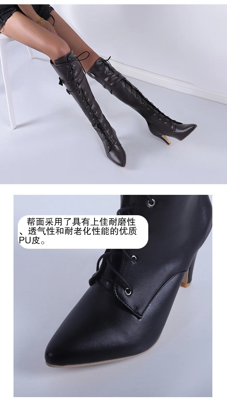 Übergroßen Spitz Kreuz Lace-Up Stiefel Sexy Katze Ferse Doppel Gürtel Schnalle Motorrad Stiefel Straße Trend Weibliche Knie-länge Boot