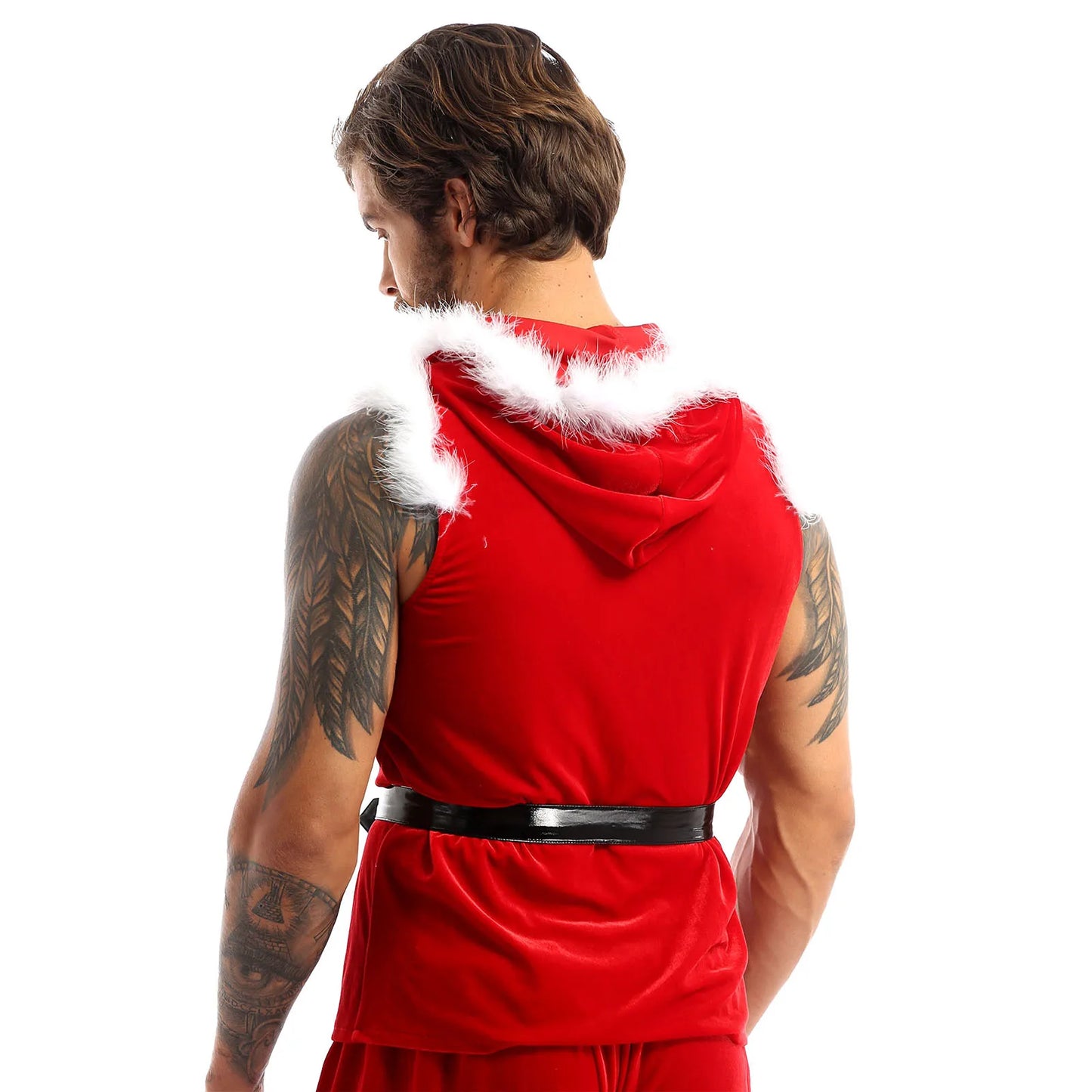 Mens Christmas Santa Claus Costum Red Green Velvet Hooded Vests Jacket Sleeveless Faux Fur Trimming Vest with Leather Belt