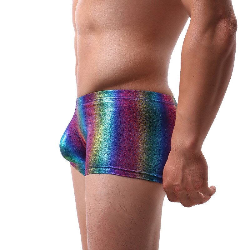 Fashion Men Sexy U Convex Rainbow Shiny Nylon Boxer Shorts Man Penis Pouch Boxers Underwear Gay Male Erotic Clubwear