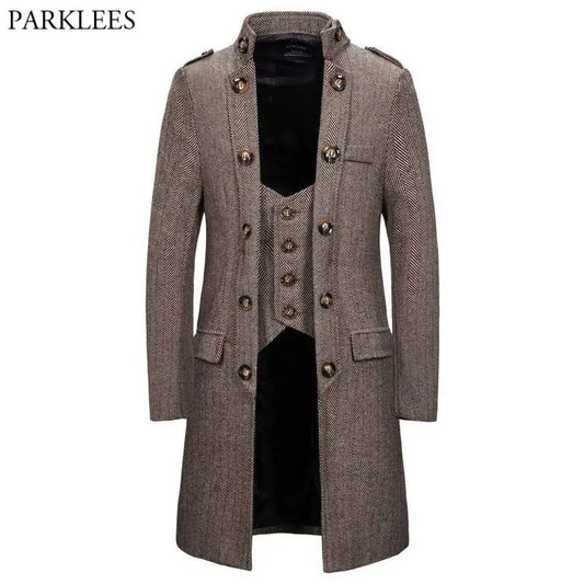 Men's Double Breasted Herringbone Tweed Wool Blend Long Trench Coat Fake Two Piece Stand Collar Formal Business Windbreaker 2XL