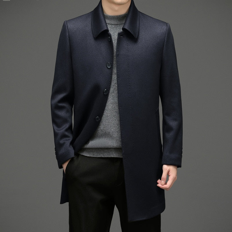 High Quality Wool Coat Men Solid Turn Down Collar Mens Long Coats Smart Casual Jackets Man Overcoats Wool Blends Trench Coat Men