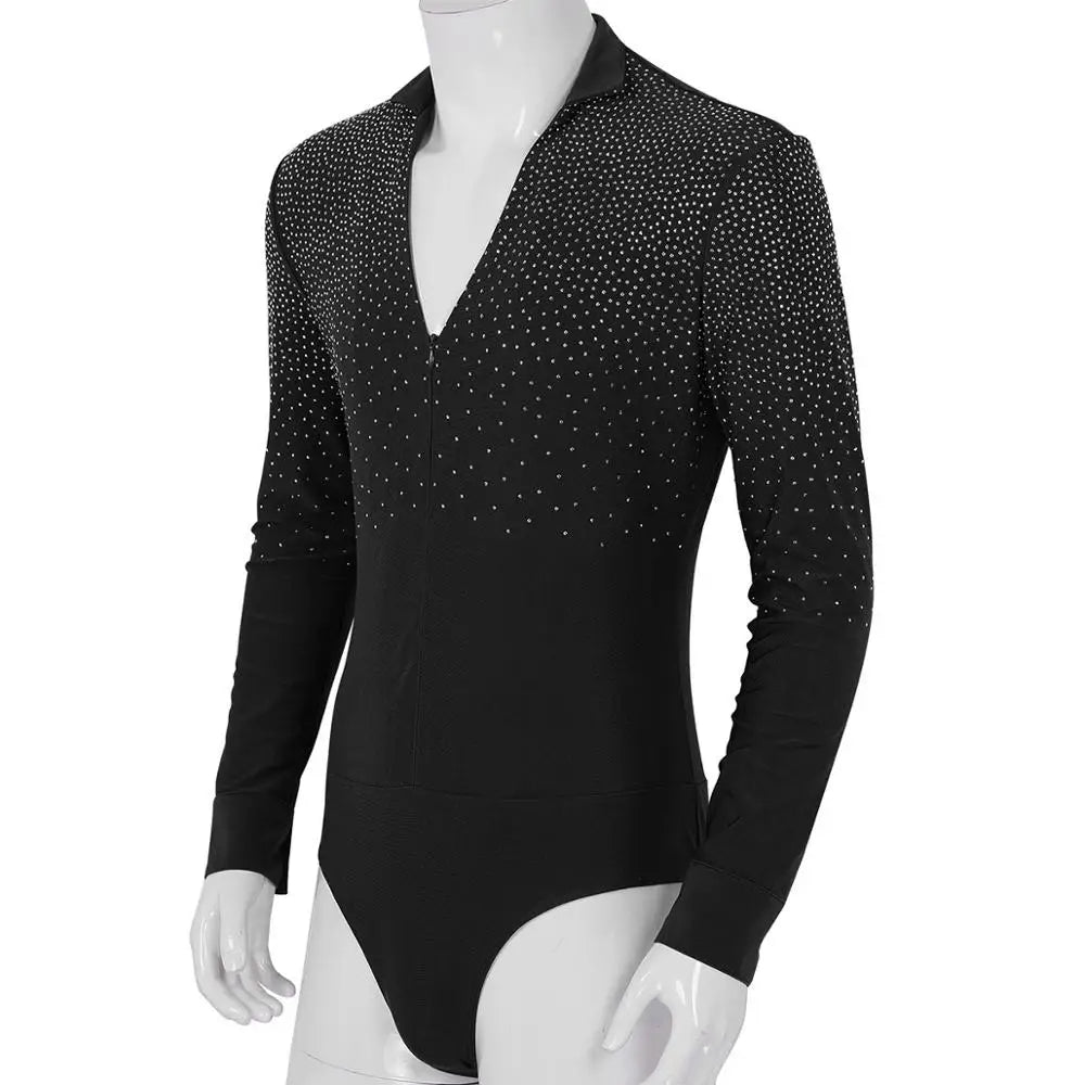 Mens Latin Dance Shirt Rhinestone V-Neck Men Dance Shirt Ballroom Latin Dancing Clothes Professional Competition Dancewear