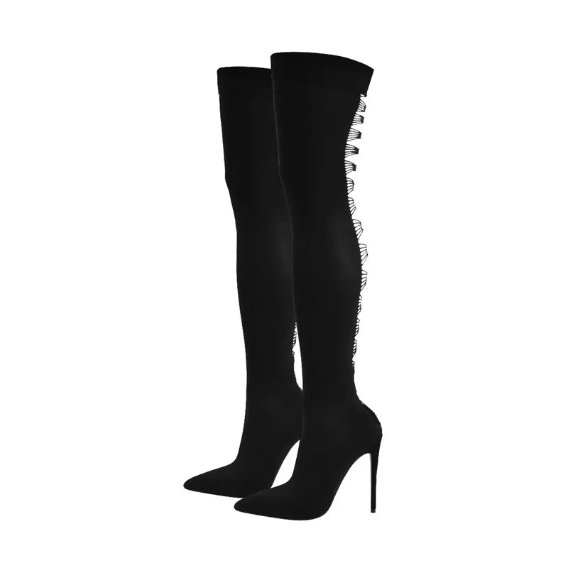 Onlymaker frauen Stiefel Spitz Schwarz Über Das Knie Oberschenkel Hohe Stiletto Stretch Socke Sexy Mode Strumpf Sexy Lange stiefel