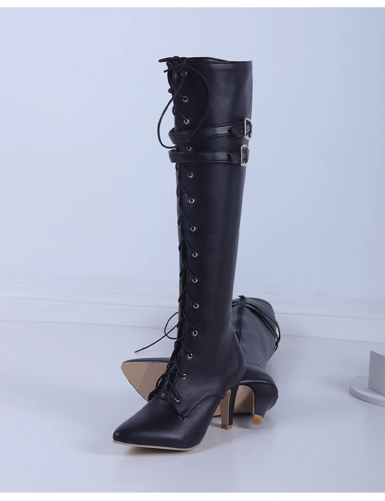 Übergroßen Spitz Kreuz Lace-Up Stiefel Sexy Katze Ferse Doppel Gürtel Schnalle Motorrad Stiefel Straße Trend Weibliche Knie-länge Boot