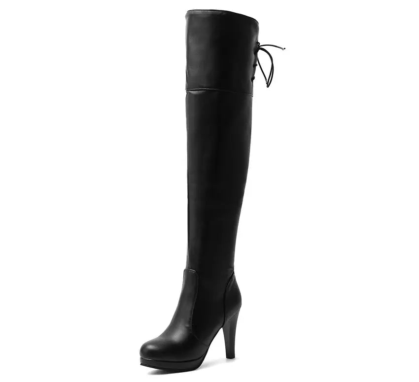 Winter Frauen Oberschenkel-hohe Plattform Stiefel Hohe Spike Heels Schwarz Weiß Party Club Damen Runde Kappe Zipper Sexy Lange über Knie Stiefel