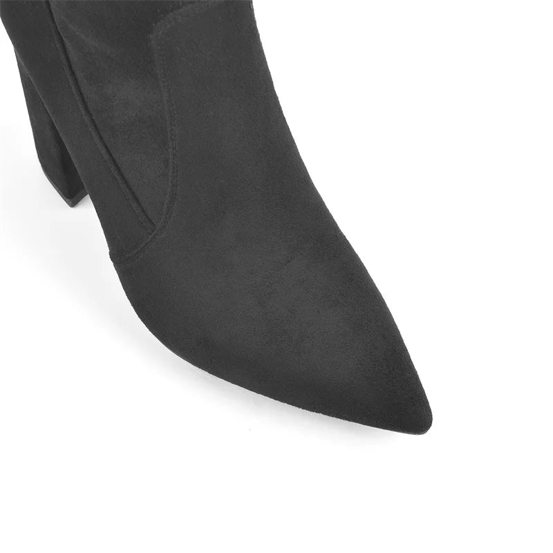 Only maker Damen spitzen Zehen über dem Knie Stiefel klobige High Heel schwarz pu Faux Wildleder zurück Reiß verschluss Winters tiefel Schuhe