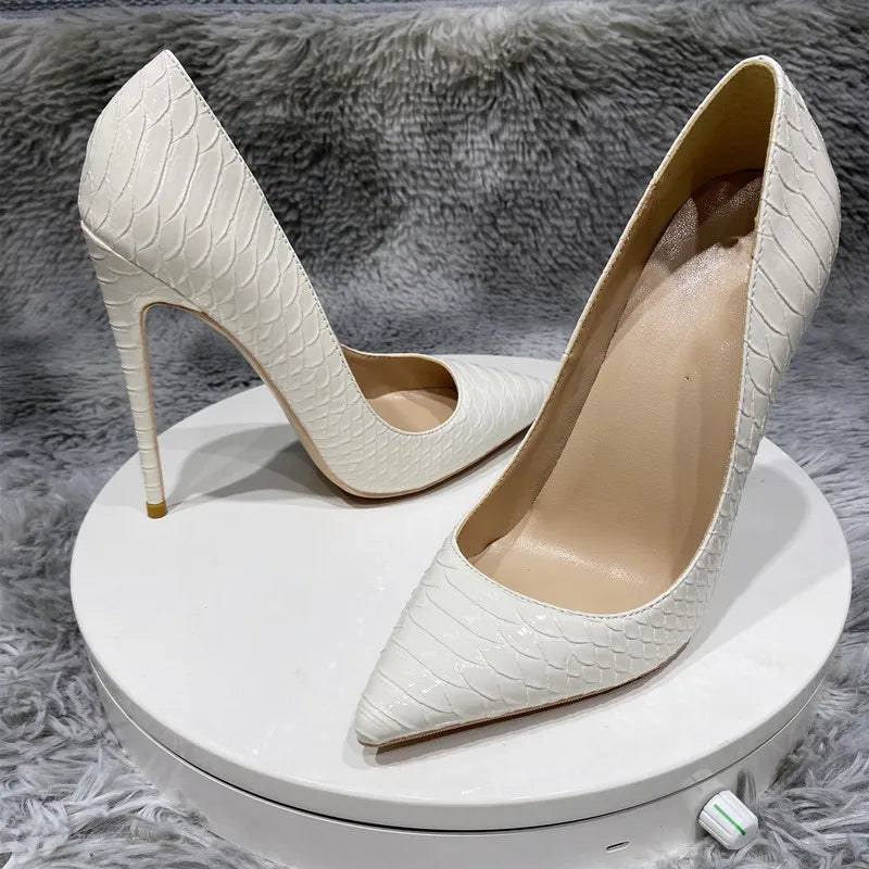 Women's snake print high-heeled shoes, sexy Stilettos, white, pointed toe, 12cm/10cm/8cmheels
