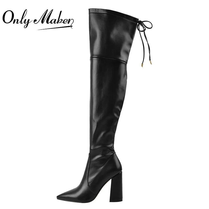 Only maker Damen spitzen Zehen über dem Knie Stiefel klobige High Heel schwarz pu Faux Wildleder zurück Reiß verschluss Winters tiefel Schuhe