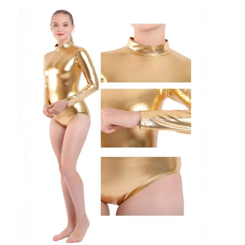 Speerise Adults Women Girls Turtleneck Zipper Back Shiny Metallic Leotard Spandex Long Sleeve One Piece Dancewear Costumes