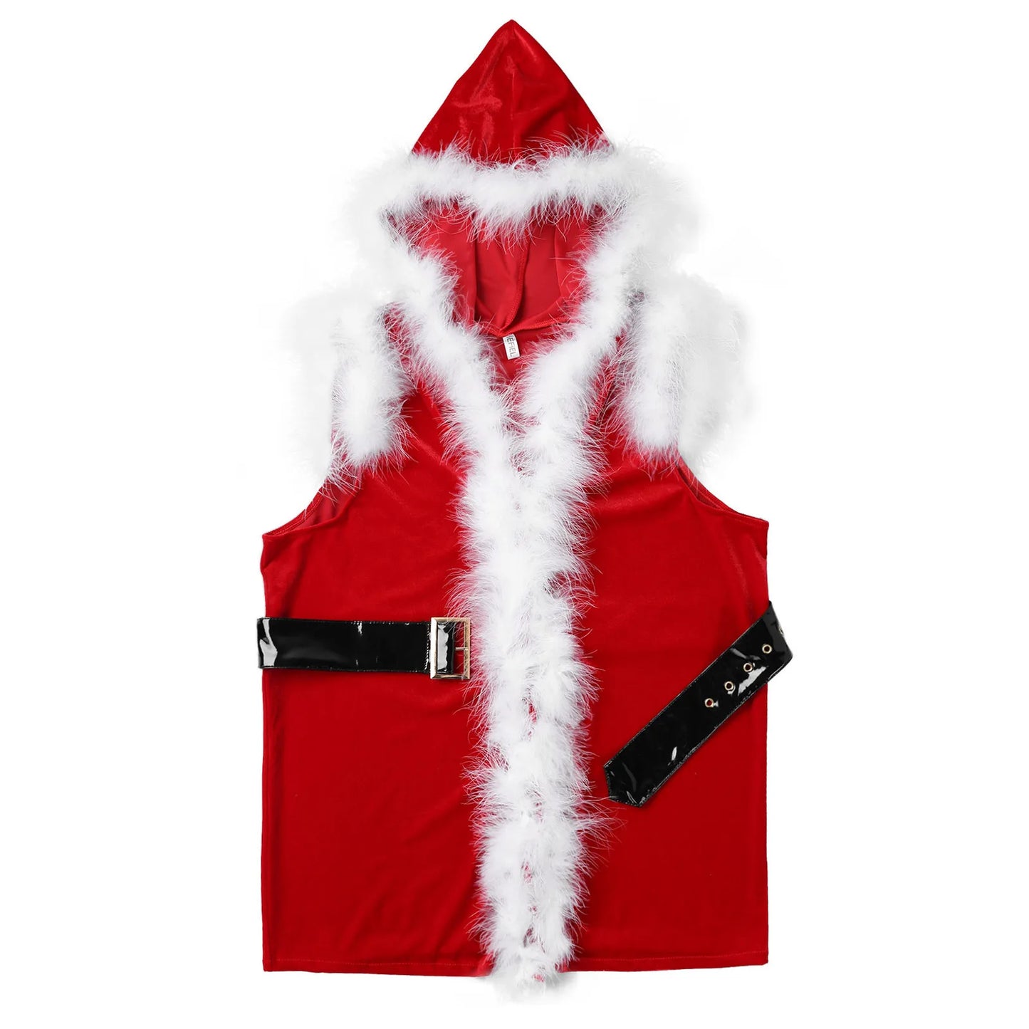 Mens Christmas Santa Claus Costum Red Green Velvet Hooded Vests Jacket Sleeveless Faux Fur Trimming Vest with Leather Belt