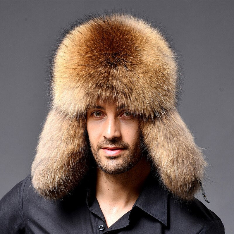 Russian Leather Bomber Hat Men Winter Hats With Earmuffs Trapper Earflap Cap Man Natural Raccoon Warm Thick Fox Fur Black New