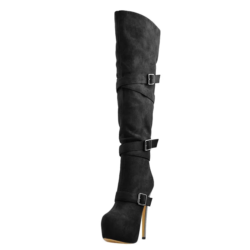 Only maker Frauen schwarze Plattform über dem Knie Stiefel 16cm High Heel Stiletto Schnalle High Back Reiß verschluss Plus Size Stiefel