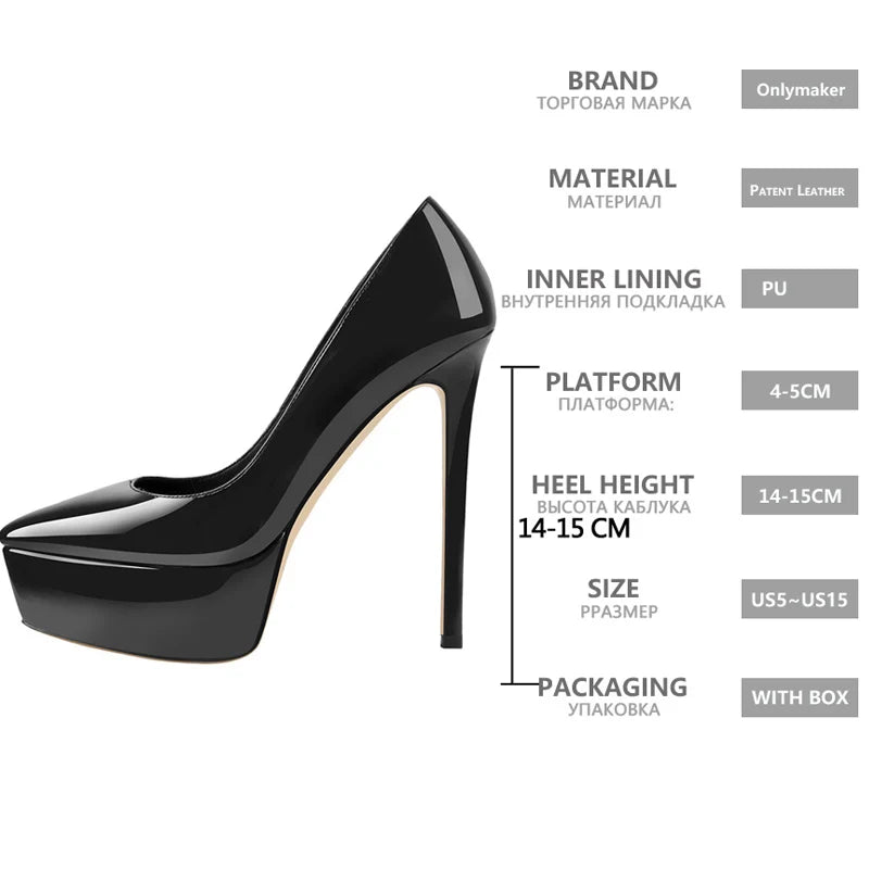 Onlymaker Frauen Spitz Plattform Pumpen Concise Slip Auf Dünnen High Heels Patent Leder Matte Schwarz Big Size Elegante Schuhe