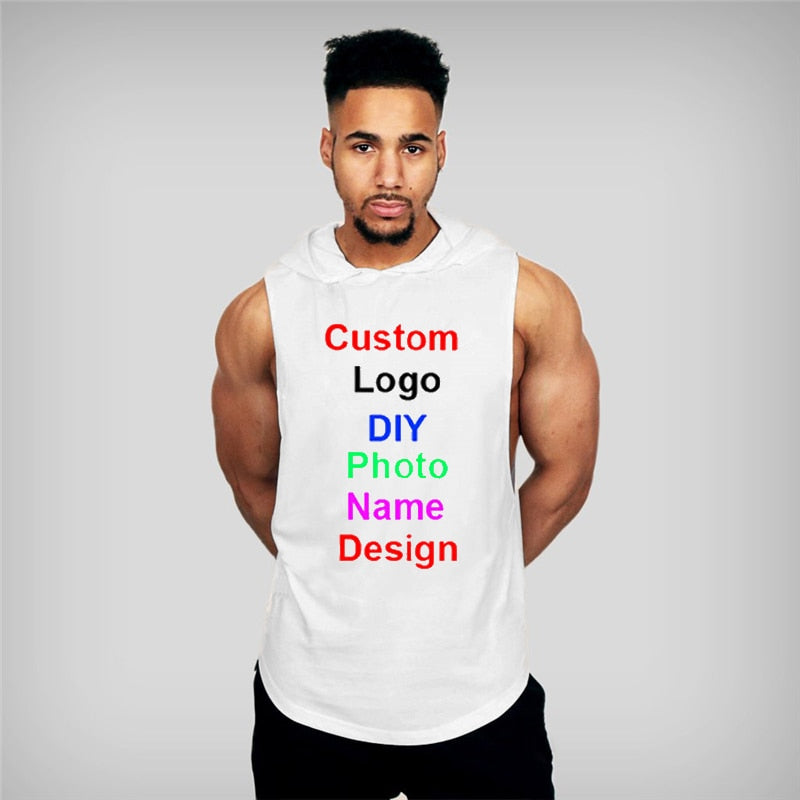 Customized Brand Logo Gym Sleeveless Shirt Mens Bodybuilding Fitness Hooded Tank Top Men DIY Graphics Printing Workout Clothing