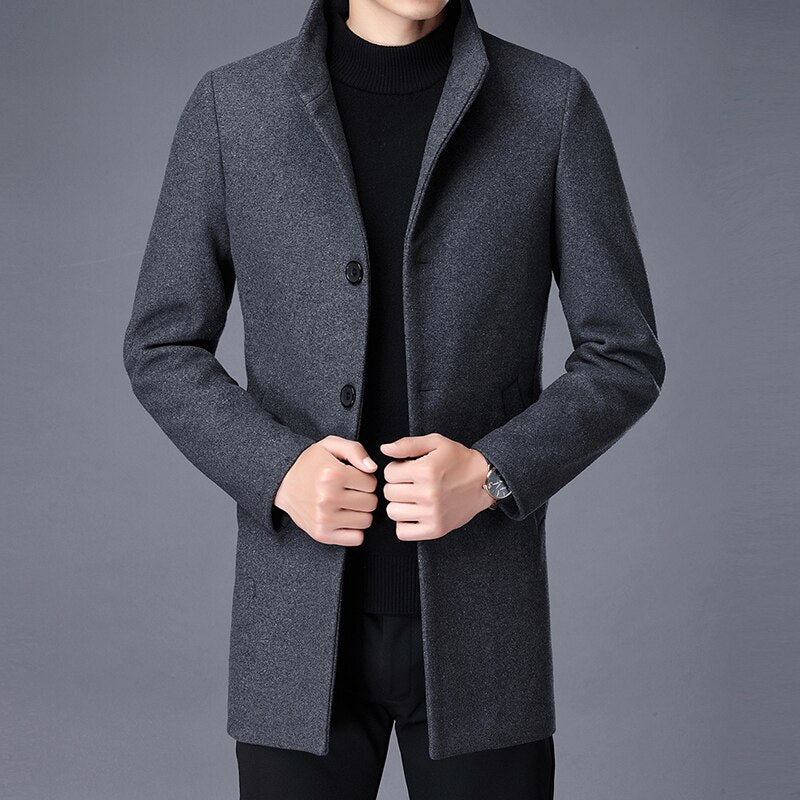 Winter Wool Coat Men Thick Coats Slim Fit Stand Collar Mens Fashion Wool Blend Outwear Jackets Smart Casual Trench Coat