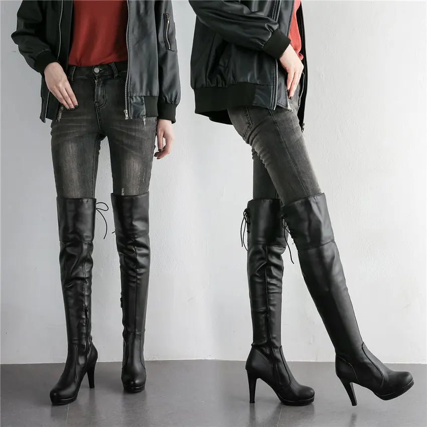 Winter Frauen Oberschenkel-hohe Plattform Stiefel Hohe Spike Heels Schwarz Weiß Party Club Damen Runde Kappe Zipper Sexy Lange über Knie Stiefel