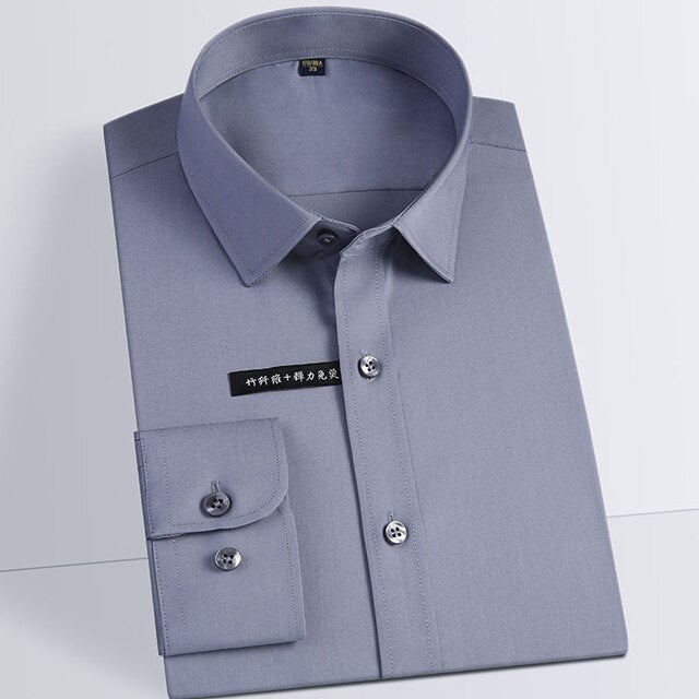 Men&#39;s Classic Stretchy Silky Bamboo-fiber Dress Shirt Pocketless Business Office Long Sleeve Standard-fit Wrinkle Free Shirts
